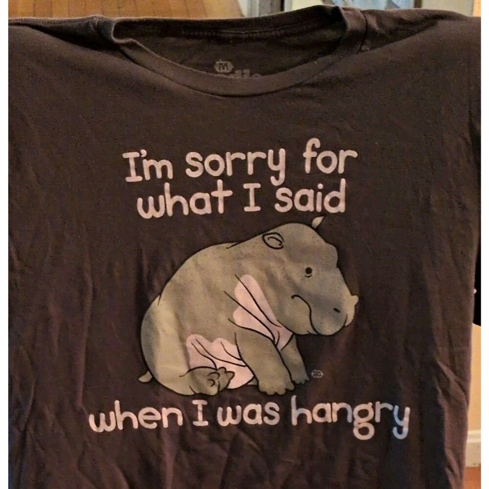 Goodie Two Sleeves Unisex M Gray Cotton Crew Neck Hangry Hippo Quote Tee
